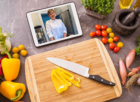 Ingredient prep setup with iPad with Martin + Fitch chef Maura leading virtual cooking class